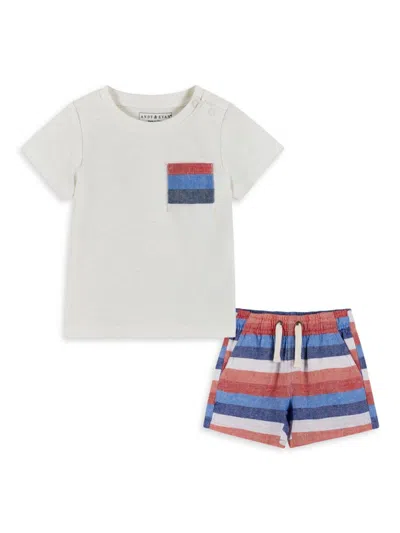 Andy & Evan Baby Boy's Striped Cotton T-shirt & Linen-blend Shorts Set In Blue Red Multi