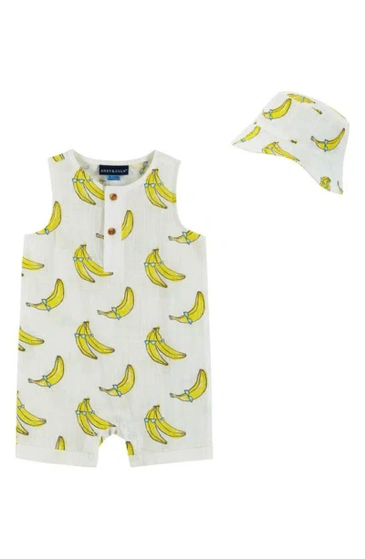 Andy & Evan Babies' Banana Romper & Bucket Hat Set In White Banana