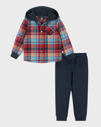Andy & Evan Kids' Boy's Flannel-print Hoodie W/ Sweat Trousers In Navy Red Plaid
