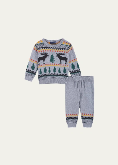 Andy & Evan Kids' Boy's Moose Embroidered Two-piece Sweater Set In Grey Moose