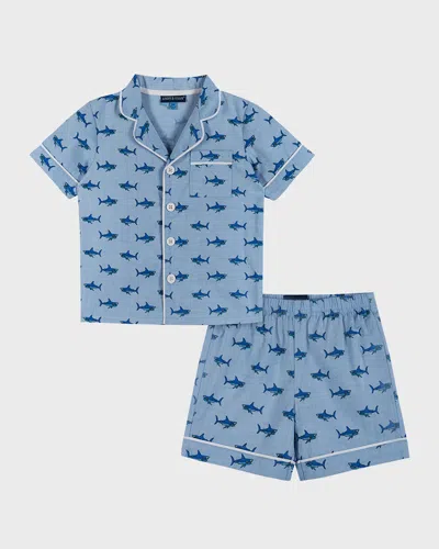 Andy & Evan Kids' Shark Print Cotton Two-piece Short Pajamas In Blue Sharks