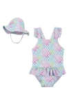 ANDY & EVAN BUBBLE RUFFLE ONE-PIECE SWIMSUIT & HAT SET