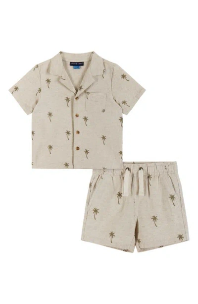 Andy & Evan Babies' Camp Shirt & Shorts Set In Beige Palm