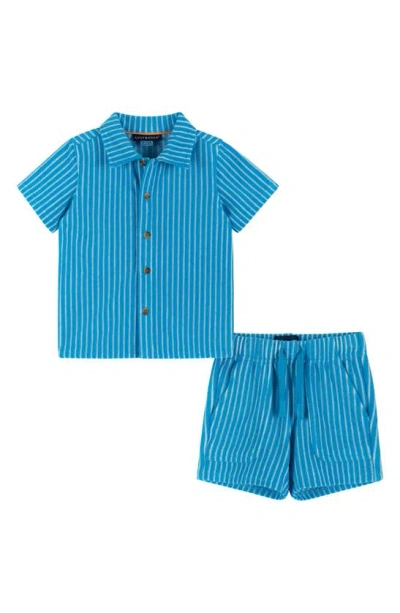 Andy & Evan Babies' French Terry Button-up Shirt & Shorts Set In Aqua Stripe