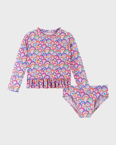 Andy & Evan Kids' Girl's Rainbow-print Two-piece Rashguard Set In Pink Rainbow