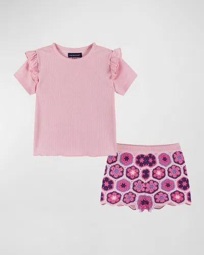 Andy & Evan Kids' Girl's Ribbed Top & Crotchet Floral Shorts In Pink Crochet
