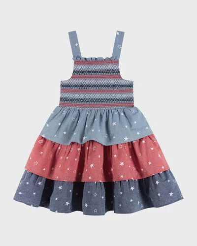 Andy & Evan Little Girl's Americana Chambray Tiered A-line Dress In Blue Multi