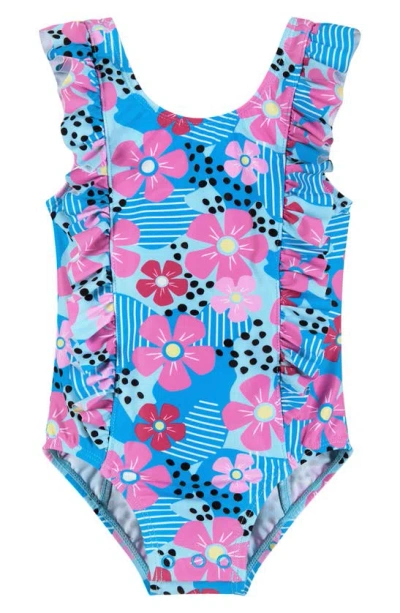 Andy & Evan Kids' Ruffle Heart Print One-piece Swimsuit In Aqua Floral