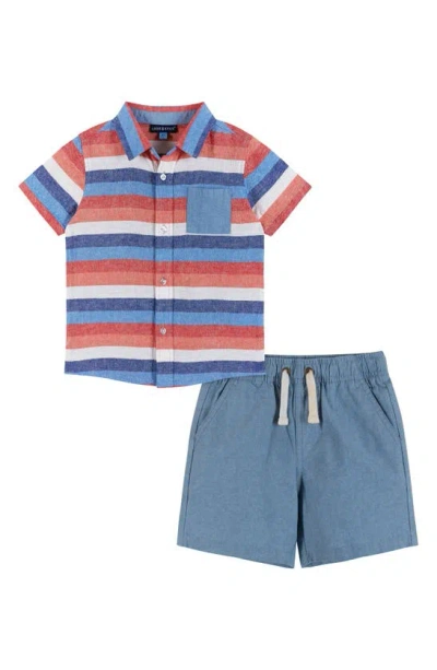 Andy & Evan Boys' Red Chambray Striped Short Sleeve Buttondown Shirt & Short Set - Little Kid, Big Kid In Champbray Stripe