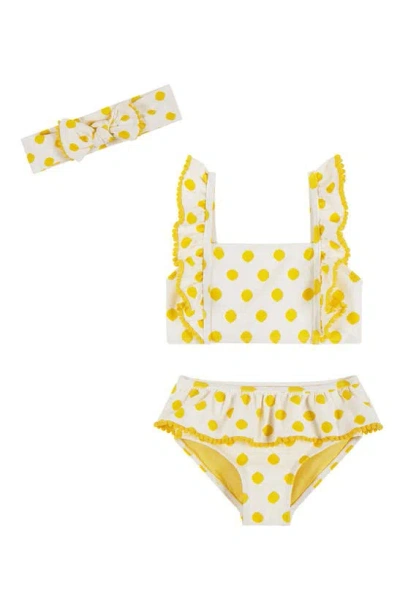 Andy & Evan Little Girl's & Girl's 3-piece Polka Dot Headband & Swimsuit Set In Yellow Polk A Dot