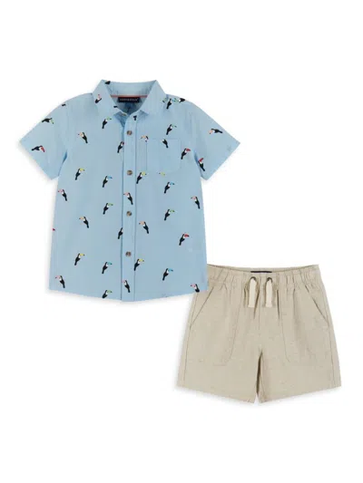 Andy & Evan Little Boy's & Boy's Bird Cotton Shirt & Linen-blend Shorts Set In Light Blue