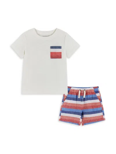 Andy & Evan Kids' Little Boy's & Boy's Striped Cotton T-shirt & Linen-blend Shorts Set In Blue Red Multi