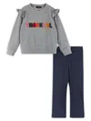 Andy & Evan Girls' Navy Crewneck Sweater With Embossed Glitter Lettering & Legging Set - Little Kid In Grey Multi