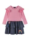 Andy & Evan Girls' Pink Rib Knit And Chambray Tiered Dress - Little Kid In Pink Blue