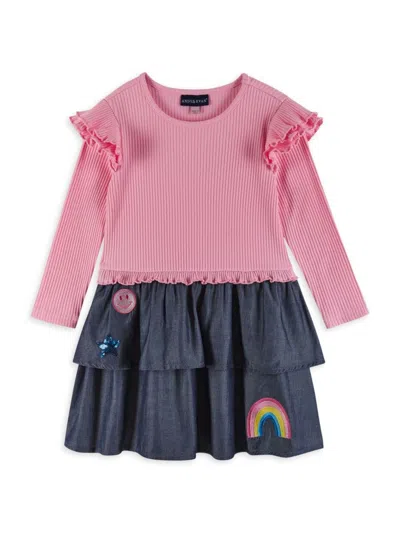 Andy & Evan Girls' Pink Rib Knit And Chambray Tiered Dress - Little Kid In Pink Blue