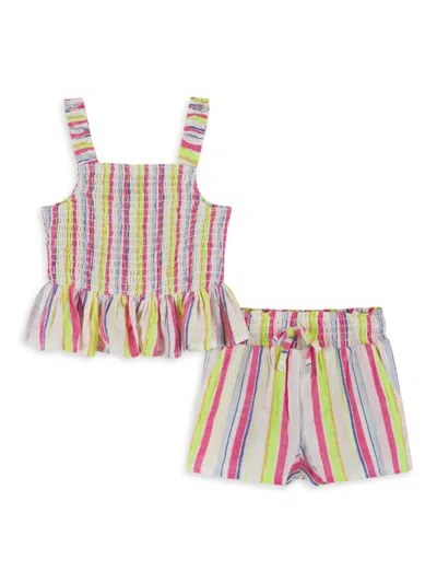Andy & Evan Kids' Little Girl's Smocked Stripe Top & Shorts Set In White Fuchsia