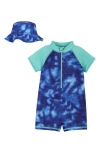 Andy & Evan Babies' One-piece Rashguard Swimsuit & Hat Set In Blue Tie Dye