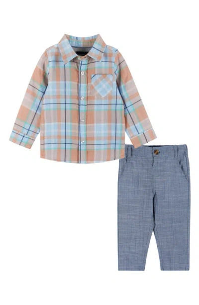 Andy & Evan Babies'  Plaid Button-up Shirt & Trousers Set In Blue Plaid