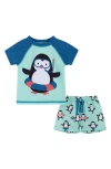 Andy & Evan Babies'  Rashguard & Shorts Set In Aqua Penguin