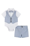 ANDY & EVAN STRIPE SHORT SLEEVE BUTTON-UP CHAMBRAY BODYSUIT, SHORTS & BOW TIE SET