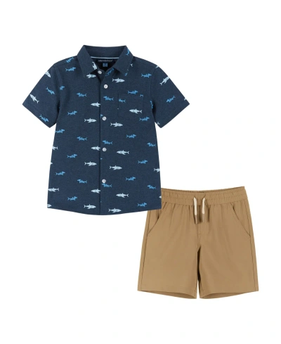 Andy & Evan Kids' Toddler/child Boys Sharks Short Sleeve Buttondown And Shorts Set In Navy Sharks