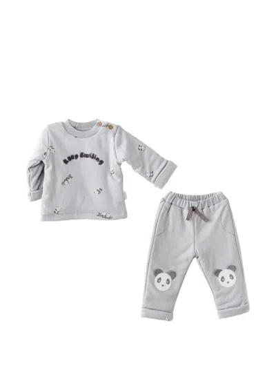 Andywawa Babies' Keep Smiling Panda-print Trouser Set In Gray