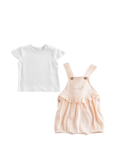 Andywawa Babies' Ruffled Bird-embroidered Overalls And T-shirt Set In Pink