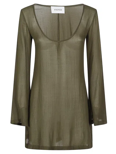 Anemos Long Sleeve V Neck Mini Beach Tunic In Green