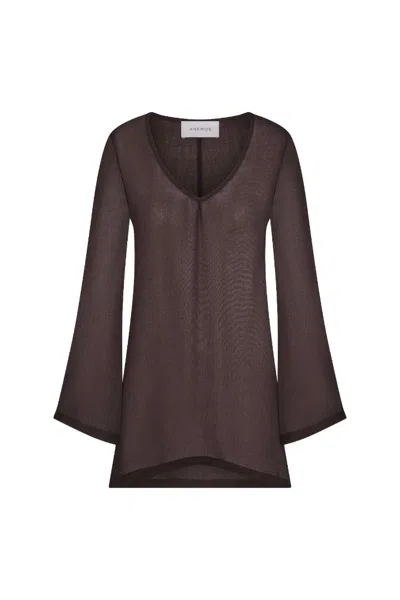 Anemos Bell Sleeve Tunic Dress In Woven Bamboo Cotton Gauze In Brown