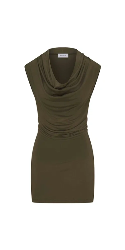 Anemos Cowl Neck Mini Dress In Compact Jersey In Brown
