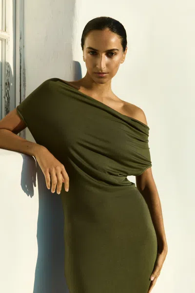 Anemos Cowl Neck Mini Dress In Compact Jersey In Green