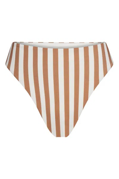 Anemos Midi High-cut Bikini Bottom In Fawn Vertical Stripes In Brown
