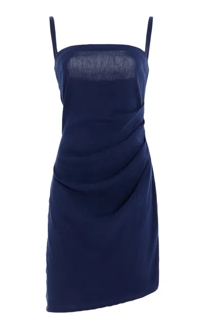Anemos Nadege Asymetrical Draped Linen-blend Mini Dress In Blue