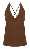 Anemos Plunging Bias-cut Linen-blend Top In Brown