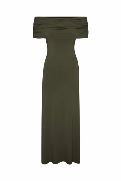 Anemos Ruched Off-the-shoulder Maxi Dress In Compact Jersey In Green