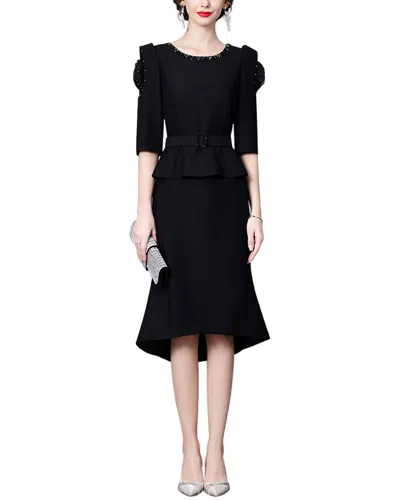 Anette Elbow-sleeve Midi Dress In Black