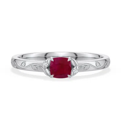 Angara 0.36 Ctw Cushion Ruby Leaf Vine Engagement Ring In Platinum/dark Red