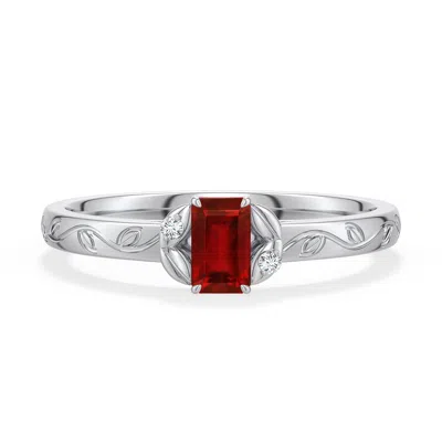 Angara 0.37 Ctw Emerald-cut Lab-grown Ruby Leaf Vine Engagement Ring In Platinum/deep Rich Red