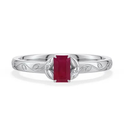 Angara 0.37 Ctw Emerald-cut Ruby Leaf Vine Engagement Ring In Platinum/dark Red