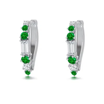 Angara 0.4 Ctw Baguette Lab-grown Diamond Huggie Hoop Earrings With Emerald In Metallic