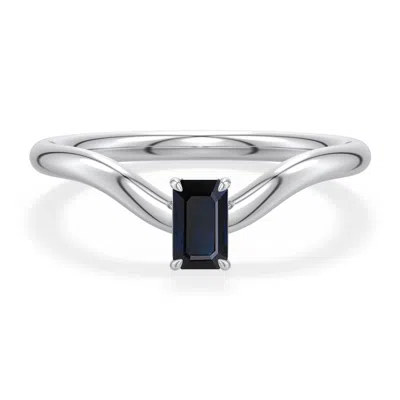 Angara 0.4 Ctw Emerald-cut Blue Sapphire Curved Shank Engagement Ring In Platinum/dark Blue