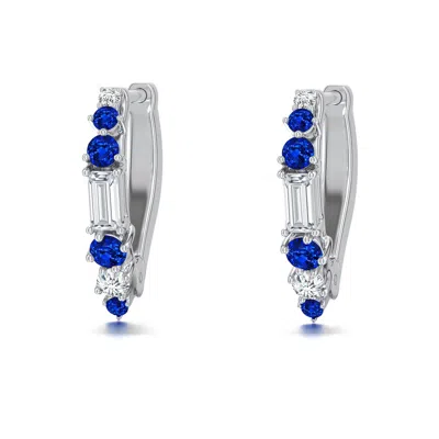 Angara 0.41 Ctw Baguette Lab-grown Diamond Huggie Hoop Earrings With Blue Sapphire In Metallic