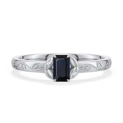 Angara 0.42 Ctw Emerald-cut Blue Sapphire Leaf Vine Engagement Ring In Platinum/dark Blue