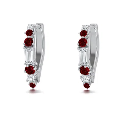 Angara 0.44 Ctw Baguette Lab-grown Diamond Huggie Hoop Earrings With Ruby In Metallic