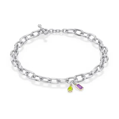 Angara 0.45 Ctw Sterling Silver And 18k Yellow Gold Pear Peridot And Emerald-cut Amethyst Toggle Bra In Silver & 18k Yellow Gold/light Yellowish Green