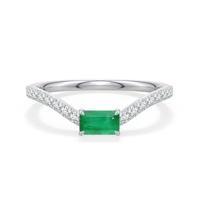Angara 0.55 Ctw East-west Emerald-cut Emerald Curved Engagement Ring With Accents In Platinum/medium Green