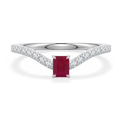 Angara 0.55 Ctw Emerald-cut Ruby Curved Engagement Ring With Accents In Metallic