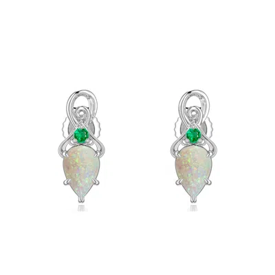 Angara 0.57 Ctw Inverted Pear Opal Swirl Earrings With Emerald Accent In Multi