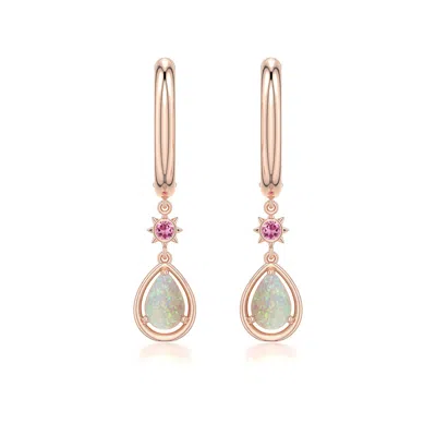 Angara 0.58 Ctw Pear Opal Hoop Drop Earrings With Pink Tourmaline Accent In Rose Gold/milky With Medium Play Of Colour