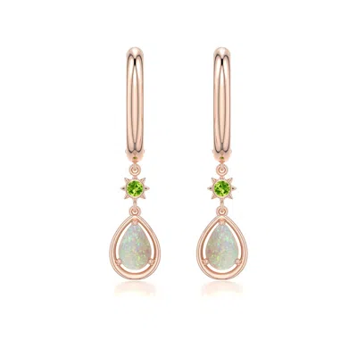 Angara 0.6 Ctw Pear Opal Hoop Drop Earrings With Peridot Accent In Rose Gold/milky With Medium Play Of Colour